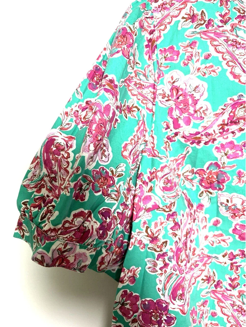 J.Crew Women Size  XL Floral  Puff Sleeve Cotton Blouse Green Pink  Style#CA199